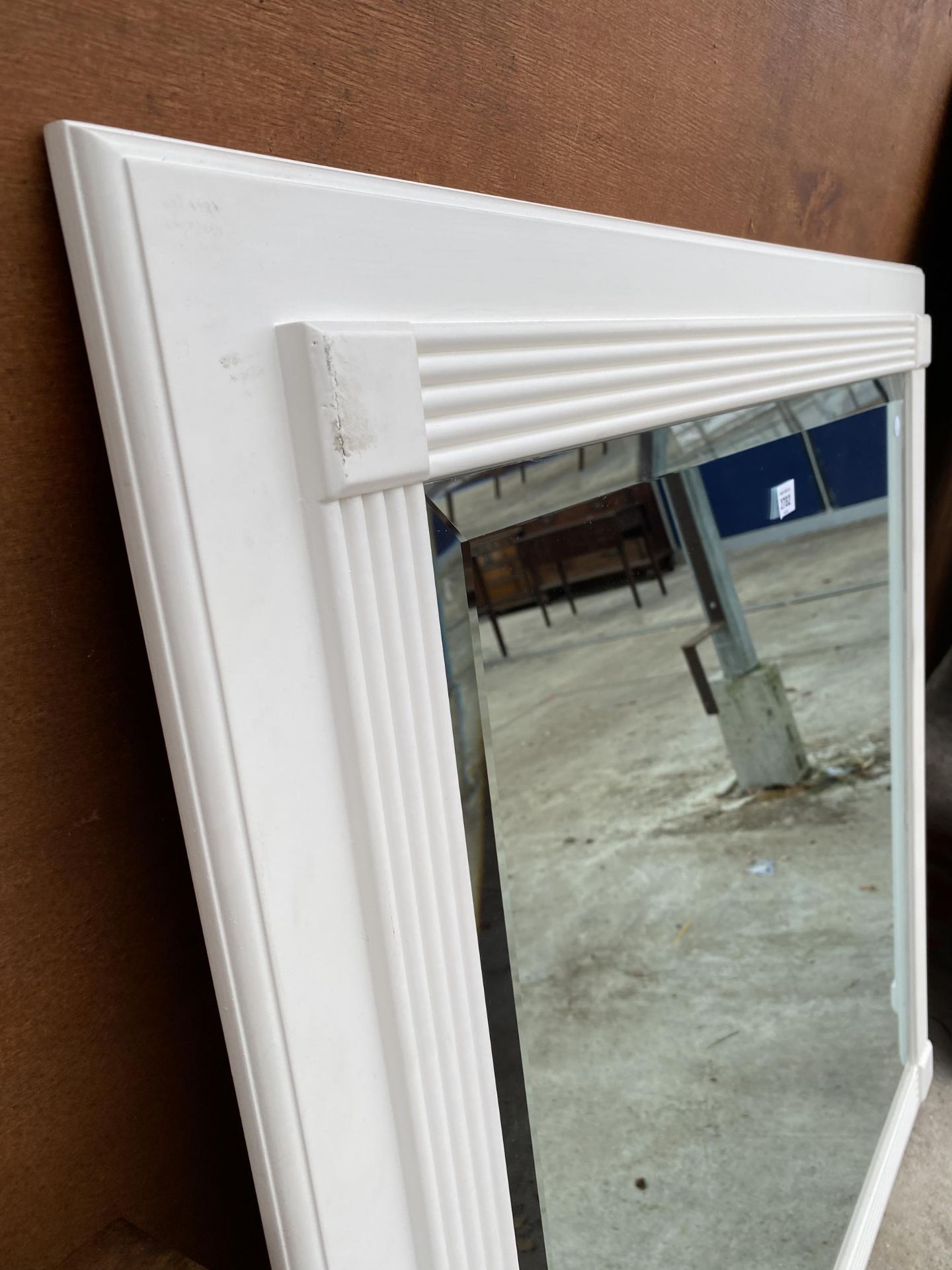 A MODERN WHITE PAINTED BEVEL EDGE WALL MIRROR, 39" SQUARE - Image 2 of 3