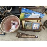 AN ASSORTMENT OF ITEMS TO INCLUDE PRINTS AND PICTURES AND A BARGE WARE SAW ETC