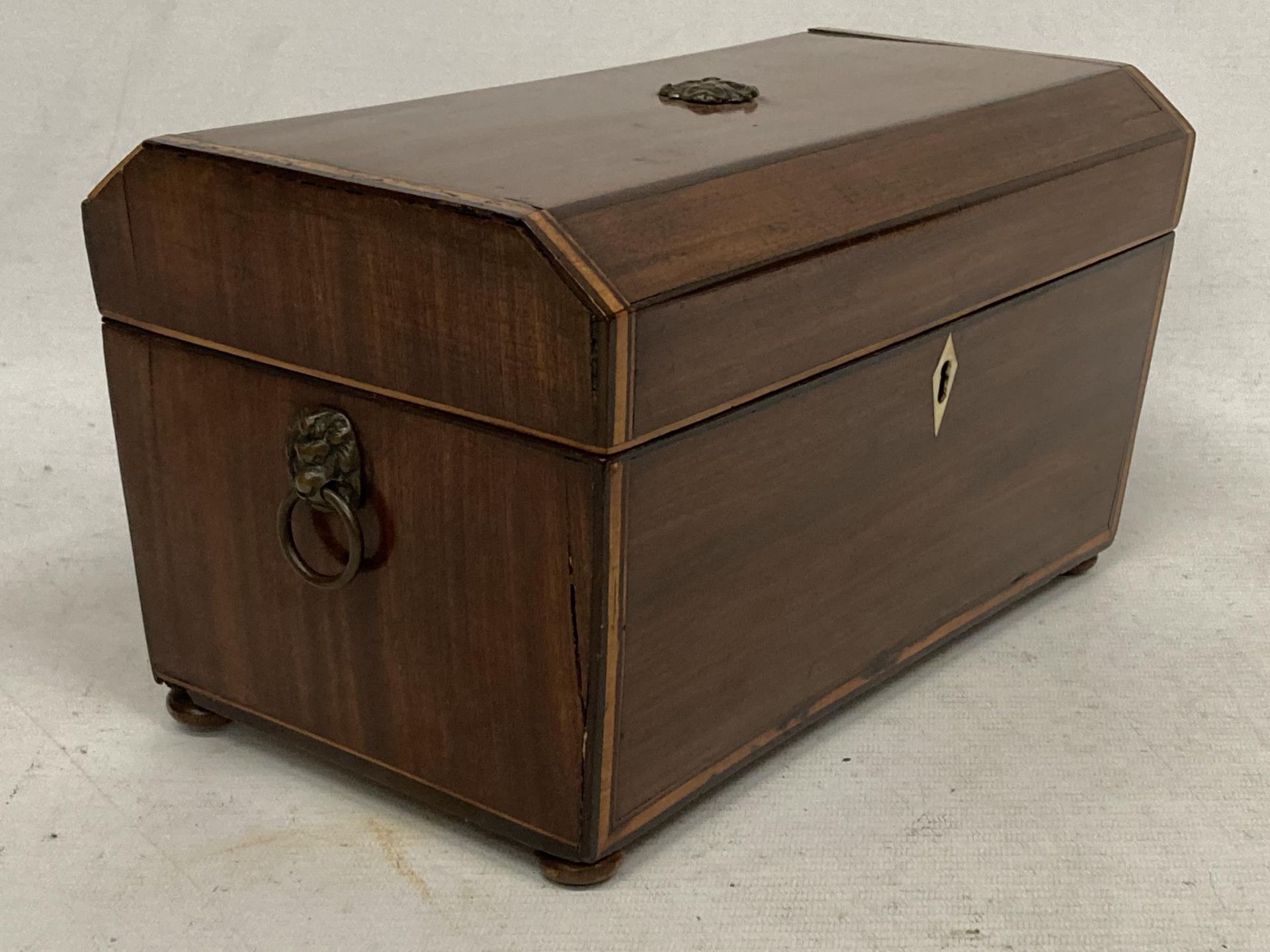 A GEORGIAN MAHOGANY TEA CADDY WITH THREE INNER COMPARTMENTS AND LION HANDLES - Image 3 of 4