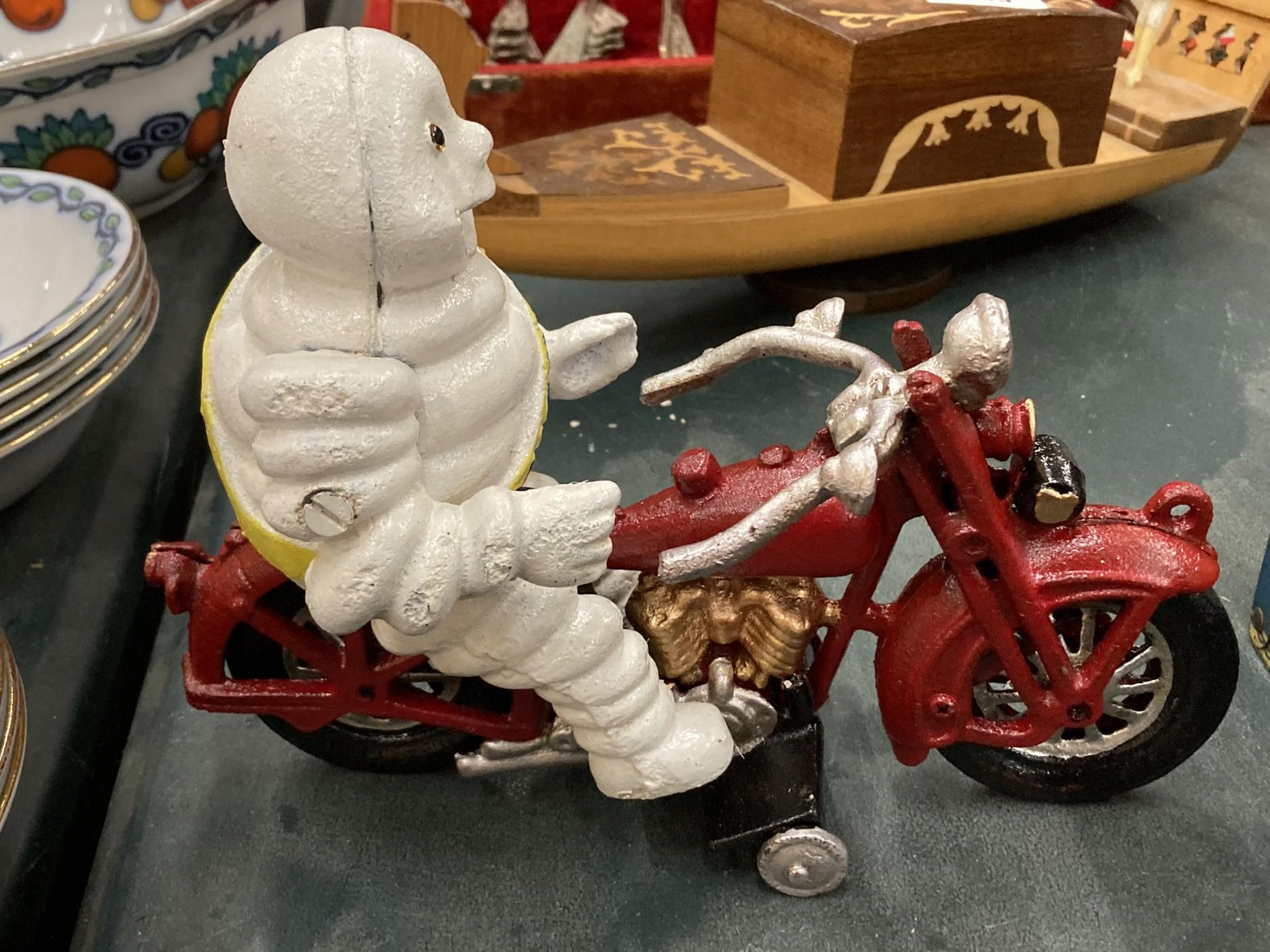 A CAST MODEL OF A MICHELIN MAN ON A MOTOR BIKE, HEIGHT 16CM - Image 2 of 3