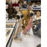 TWO SHUDEHILL LADY FIGURINES, HEIGHT 36CM PLUS TWO RESIN ARABIAN STYLE FIGURES, HEIGHT 31CM