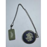 TWO WEDGWOOD JASPERWARE ITEMS TO INCLUDE A BLUE BROOCH AND A NECKLACE WITH GREEN PENDANT