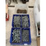 A LARGE ASSORTMENT OF HARDWARE TO INCLUDE BOLTS AND DRILL BITS ETC