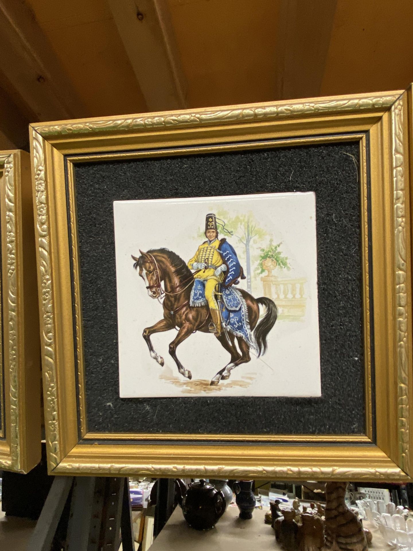 A SET OF FOUR GILT FRAMED CAVALRY DESIGN TILE PICTURES - Image 4 of 5