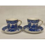 TWO VICTORIAN WORCESTER BLUE & WHITE CUPS AND SAUCERS