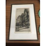 A FRAMED PRINT OF A VINTAGE STREET SCENE, SIGNED IN PENCIL