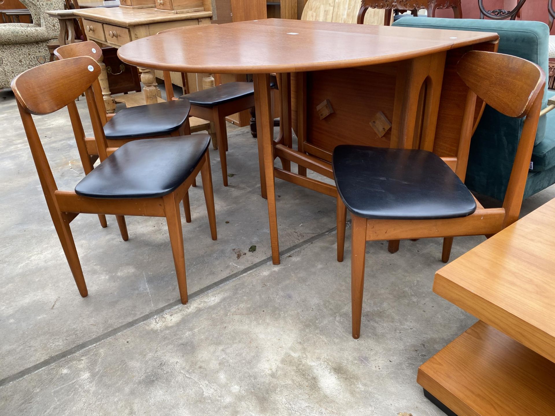 A RETRO TEAK GATELEG DINING TABLE, 60 X 42" OPENED AND FOUR DINING CHAIRS WITH BLACK FAUX LEATHER - Image 3 of 4