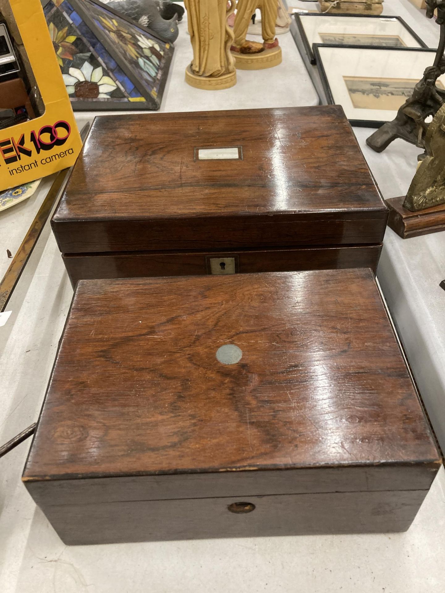 A ROSEWOOD WRITING SLOPE PLUS A JEWELLERY BOX - BOTH IN NEED OF RESTORATION - Image 2 of 3