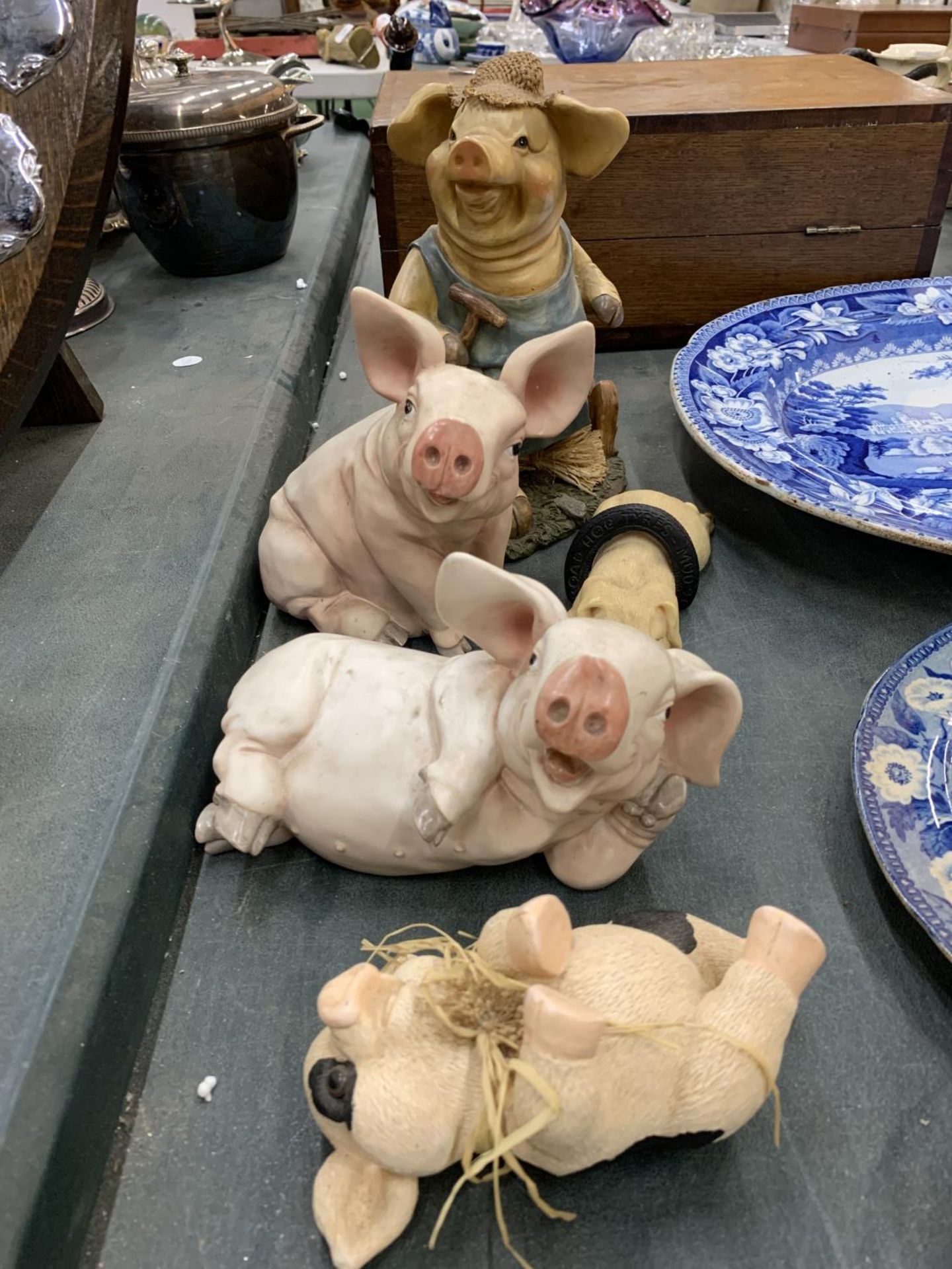 A COLLECTION OF PIG MODELS IN VARIOUS POSES - 5 IN TOTAL