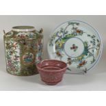 THREE ITEMS - A 19TH CENTURY CHINESE CANTON FAMILLE ROSE MEDALLION TEAPOT (MISSING SPOUT), HEIGHT