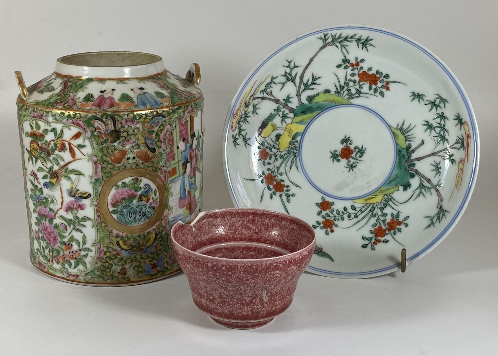 THREE ITEMS - A 19TH CENTURY CHINESE CANTON FAMILLE ROSE MEDALLION TEAPOT (MISSING SPOUT), HEIGHT
