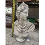 A RECONSTITUTED STONE GARDEN BUST OF A MALE