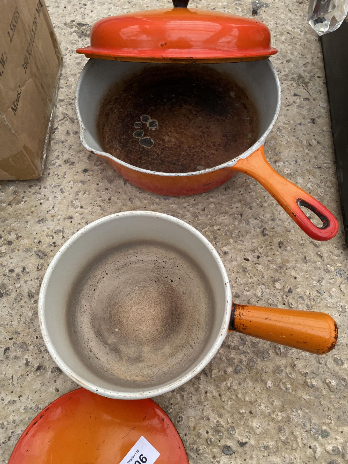 TWO VINTAGE ORANGE CAST IRON COOKING PANS, ONE LABELED LE CREUSET - Image 2 of 4