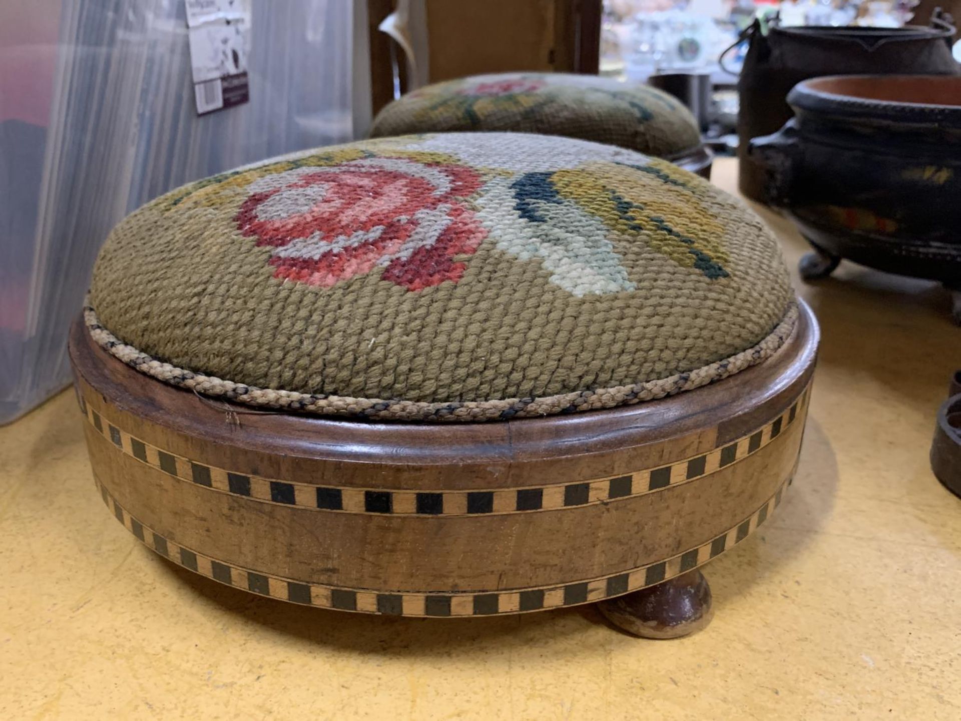 TWO VINTAGE FOOTSTOOLS WITH INLAID BANDING AND TAPESTRY TOPS - Image 2 of 3