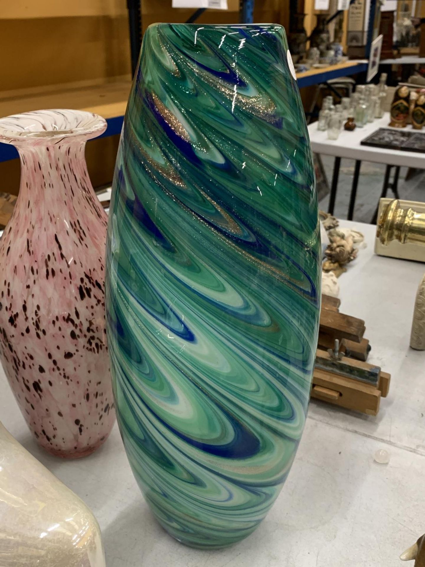 TWO LARGE STUDIO GLASS VASES PLUS TWO CERAMIC VASES - Image 3 of 4