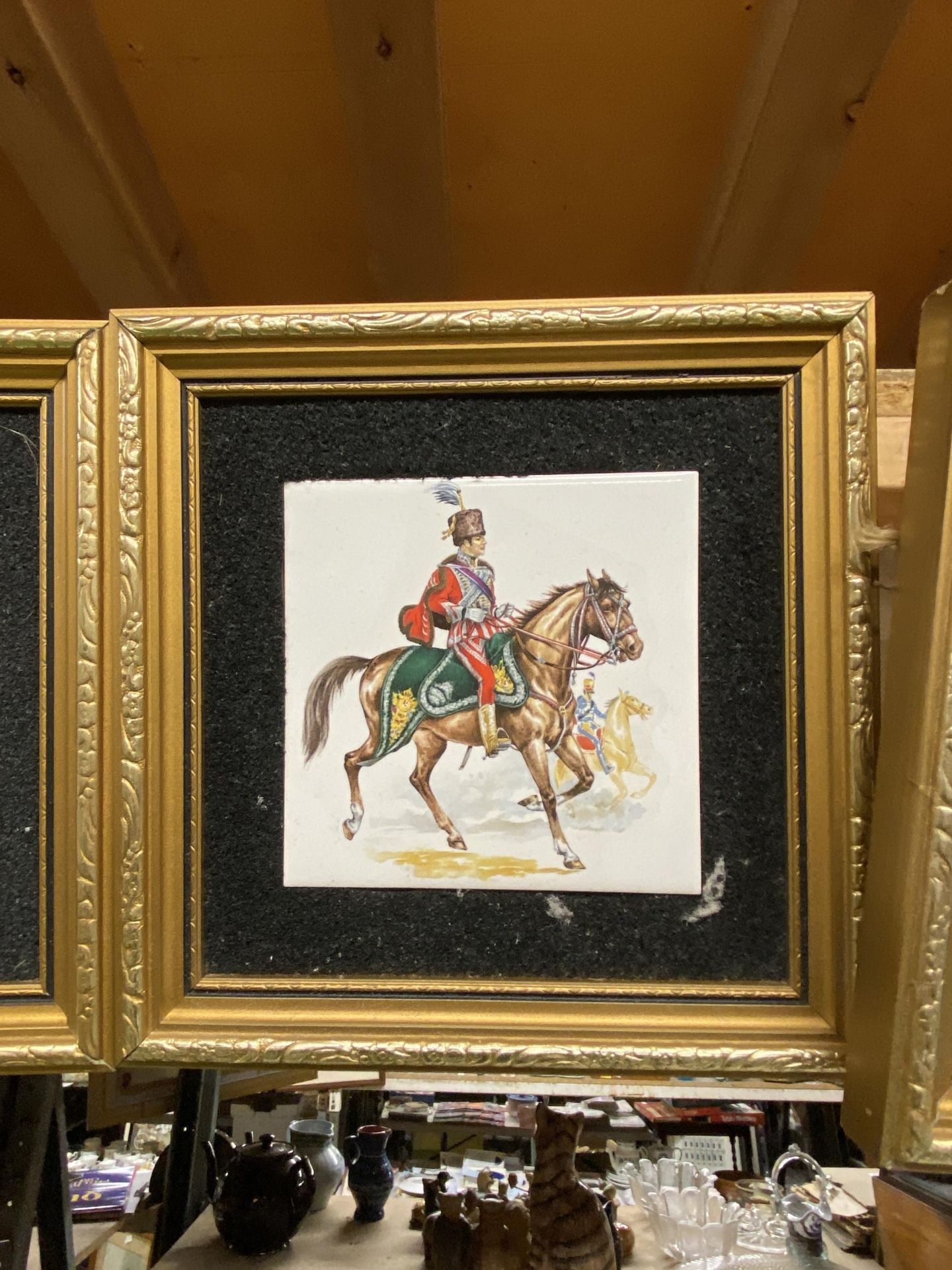 A SET OF FOUR GILT FRAMED CAVALRY DESIGN TILE PICTURES - Image 3 of 5