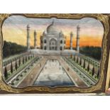 A VINTAGE INDIAN SILK PAINTING OF THE TAJ MAHAL, SIGNED S.K ART M.K