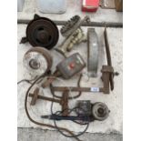 AN ASSORTMENT OF ITEMS TO INCLUDE A PULLEY WHEEL AND AN ELECTRIC SWITCH BOX ETC