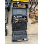 TWO PLASTIC TOOL BOXES WITH A LARGE ASSORTMENT OF TOOLS AND A DRILL BIT SET ETC