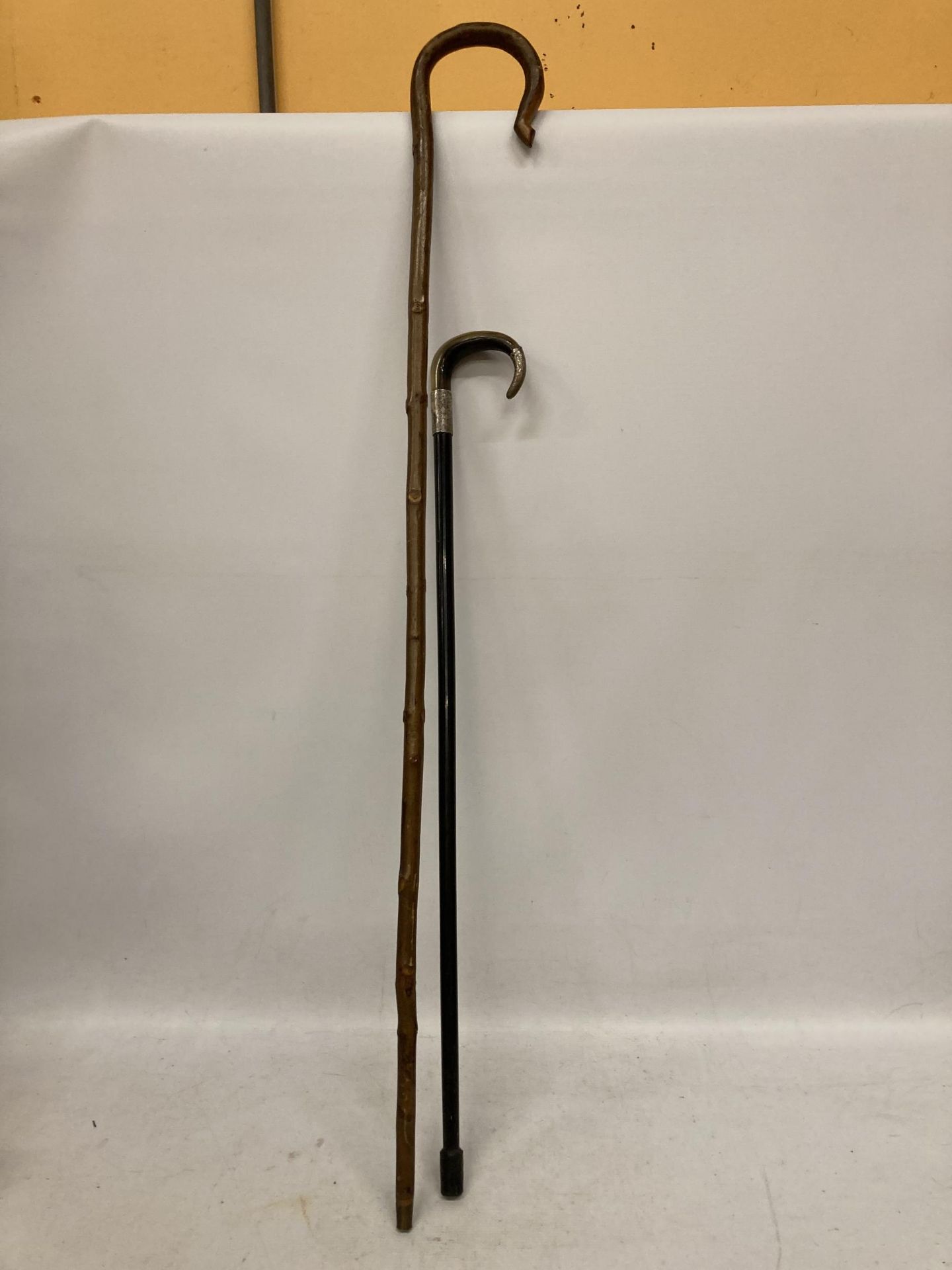 TWO VINTAGE WALKING STICKS TO INCLUDE A 1912 SILVER COLLAR AND TOPPED EXAMPLE