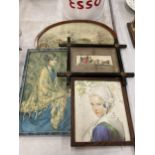 THREE FRAMED VINTAGE PRINTS PLUS A NEEDLEWORK