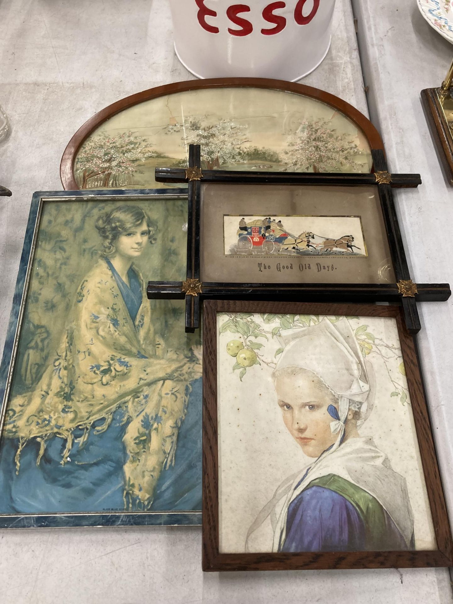 THREE FRAMED VINTAGE PRINTS PLUS A NEEDLEWORK