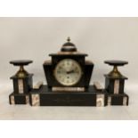 AN ANTIQUE THREE PIECE FRENCH 8 DAY PINK AND BLACK MARBLE MANTLE CLOCK AND GARNITURE SET