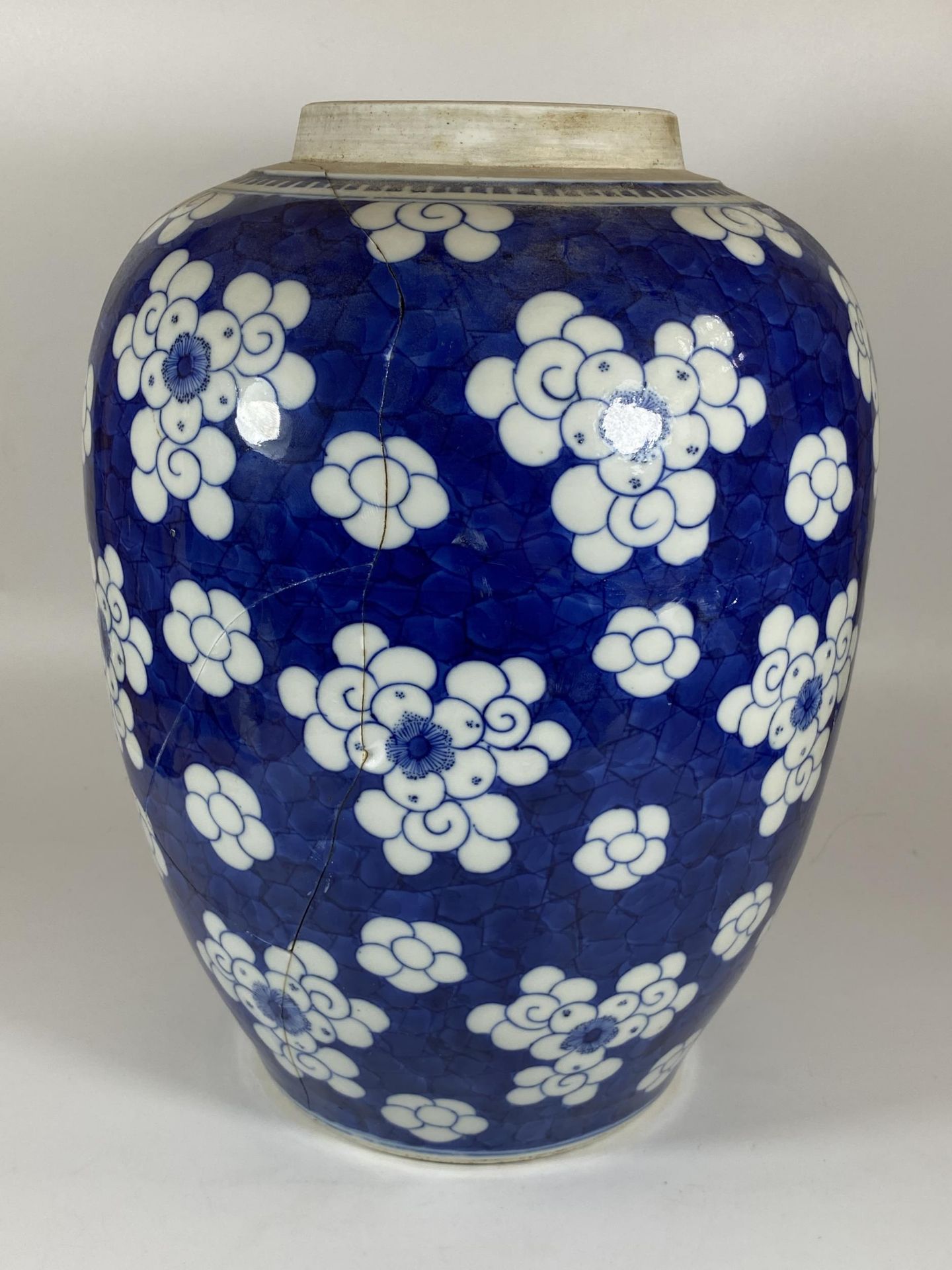 A LARGE 19TH CENTURY CHINESE BLUE AND WHITE PRUNUS BLOSSOM GINGER JAR WITH CARVED WOODEN LID, DOUBLE - Bild 15 aus 19