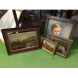 A GROUP OF FOUR FRAMED PICTURES, WATERCOLOUR OF A BOY, SIGNED EASTON TAYLOR, HIGHLAND OIL, DOGS ETC