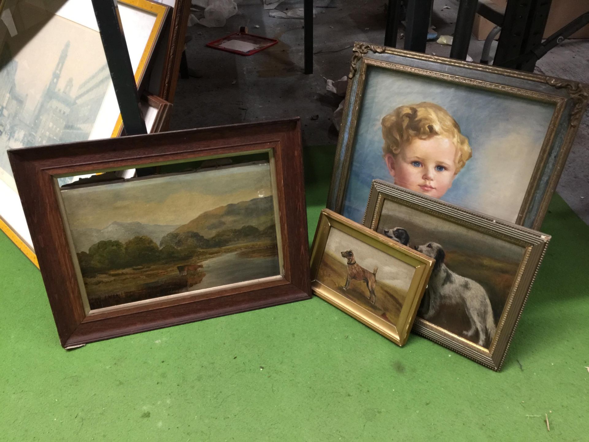 A GROUP OF FOUR FRAMED PICTURES, WATERCOLOUR OF A BOY, SIGNED EASTON TAYLOR, HIGHLAND OIL, DOGS ETC