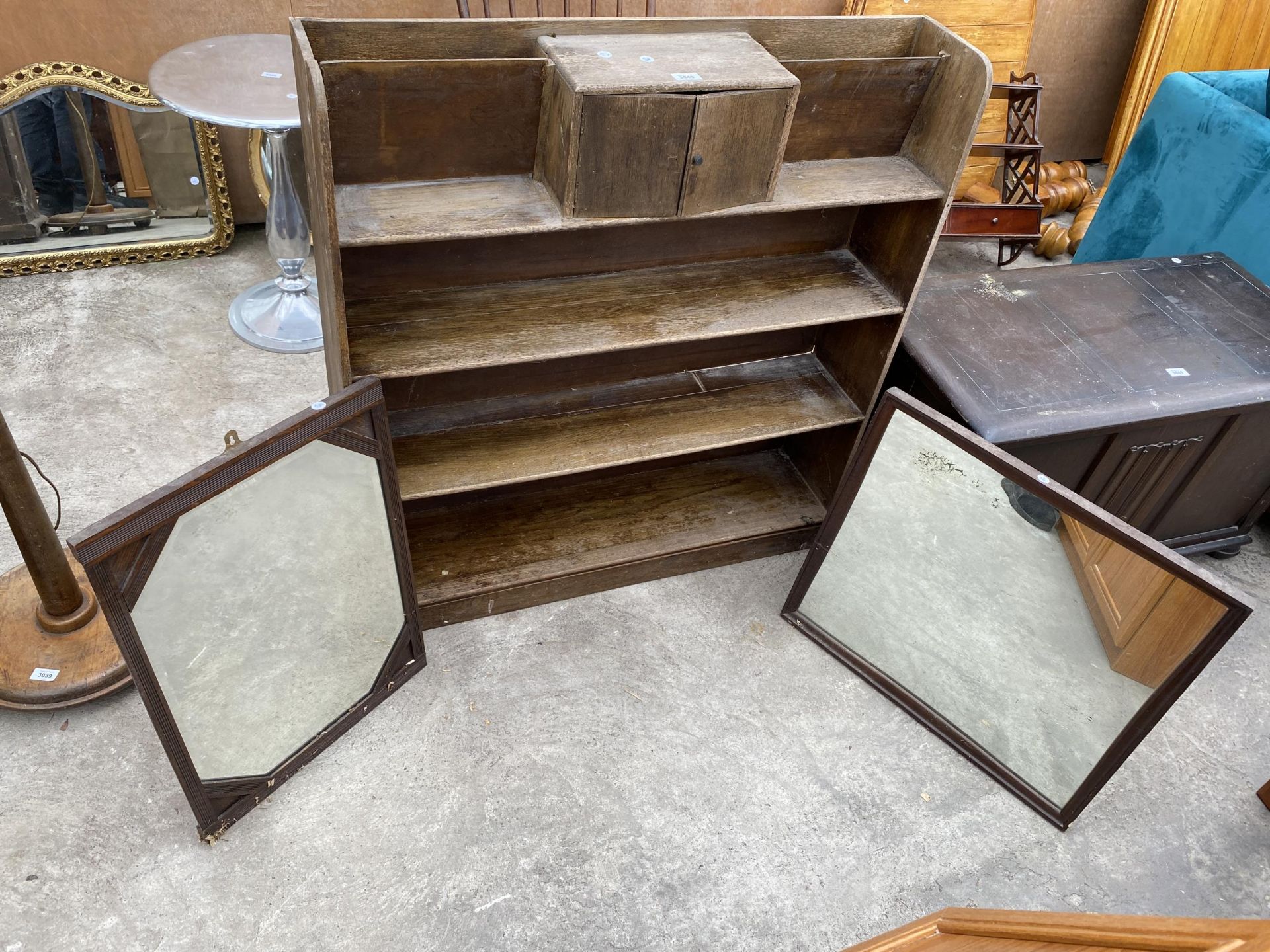 MID 20TH CENTURY OAK OPEN DISPLAY SHELVES ENCLOSING TWO DOORS, COMPLETE WITH TWO MIRRORS