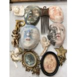 A MIXED LOT TO INCLUDE WALL MASKS, CHERUB WALL HANGINGS, SMALL PRINTS, ETC