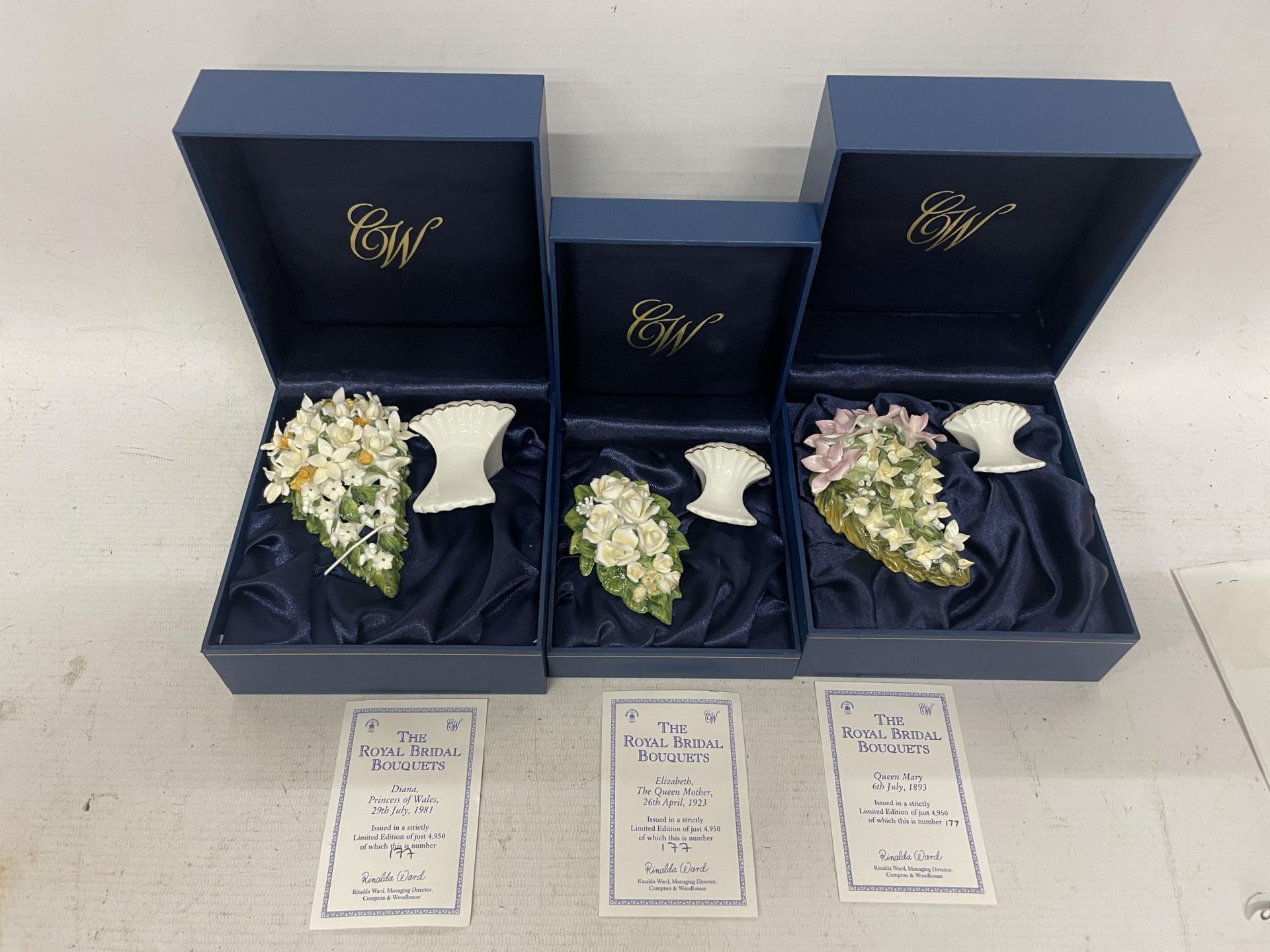 THREE BOXED CROMPTON AND WOODHOUSE 'THE BRIDAL BOUQUET' SETS TO INCLUDE DIANA PRINCESS OF WALES, THE