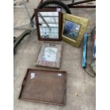 A VINTAGE WOODEN TRAY, TWO FRAMED MIRRORS AND A VINTAGE FRAMED PRINT