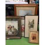 A GROUP OF VINTAGE PRINTS AND TAPESTRIES TO INCLUDE GILT FRAMED VICTORIAN EXAMPLE , ANOTHER DATED