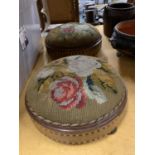 TWO VINTAGE FOOTSTOOLS WITH INLAID BANDING AND TAPESTRY TOPS