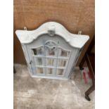 A SMALL PAINTED ARCHED TOP GLASS FRONTED CABINET WITH ARCHED TOP, 27" WIDE