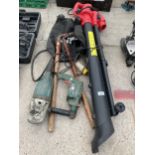 AN ASSORTMENT OF TOOLS TO INCLUDE A BOSCH DRILL, A MAKITA ANGLE GRINDER AND AN ELECTRIC LEAF