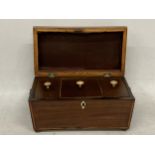 A GEORGIAN MAHOGANY TEA CADDY WITH THREE INNER COMPARTMENTS AND LION HANDLES