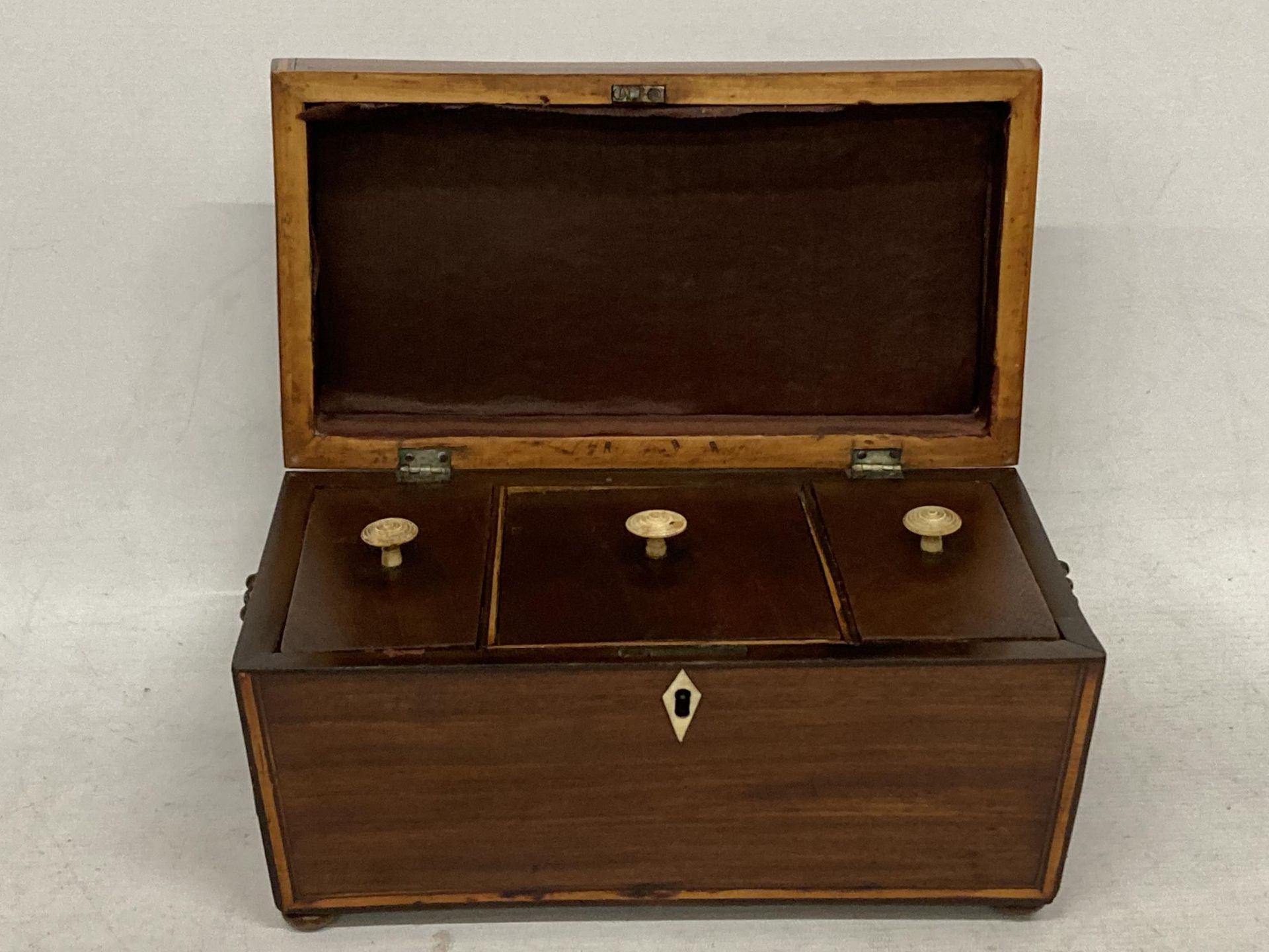 A GEORGIAN MAHOGANY TEA CADDY WITH THREE INNER COMPARTMENTS AND LION HANDLES