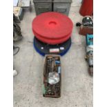 AN ASSORTMENT OF FLOOR POLISHING PADS AND HAND TOOLS ETC