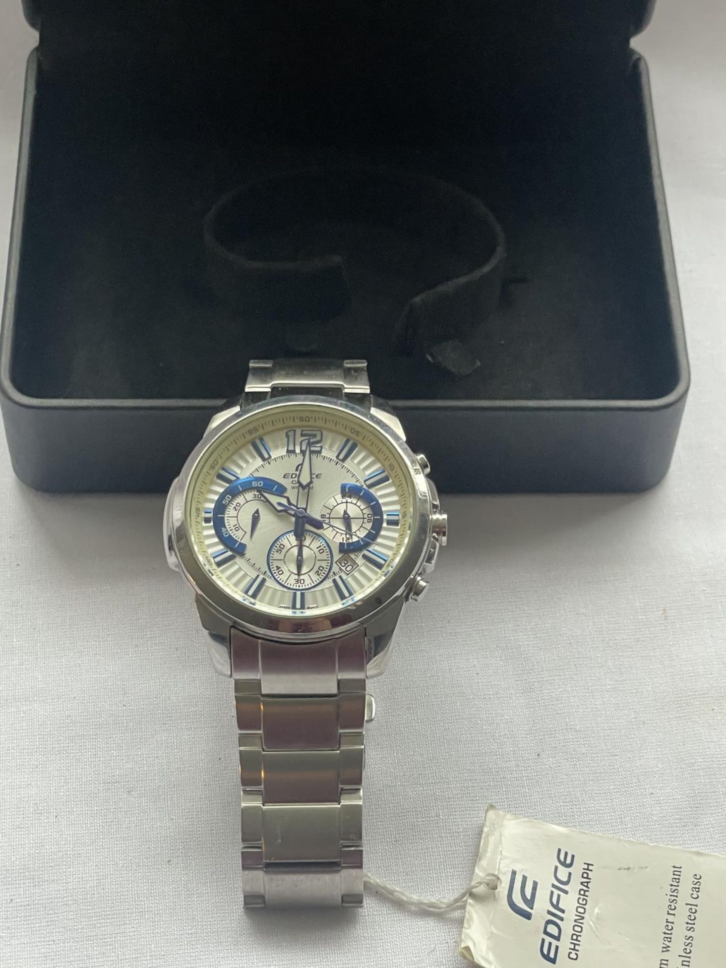 A CASIO EDIFICE WRIST WATCH NOT IN ORIGINAL PRESENTATION BOX SEEN WORKING BUT NO WARRANTY