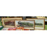 A GROUP OF THREE FRAMED TRAIN PRINTS, LORD NELSON ETC