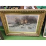 A LARGE GILT FRAMED PRINT OF SHEEP IN THE SNOW, JOSEPH FARQUHASSON 104CM X 76CM