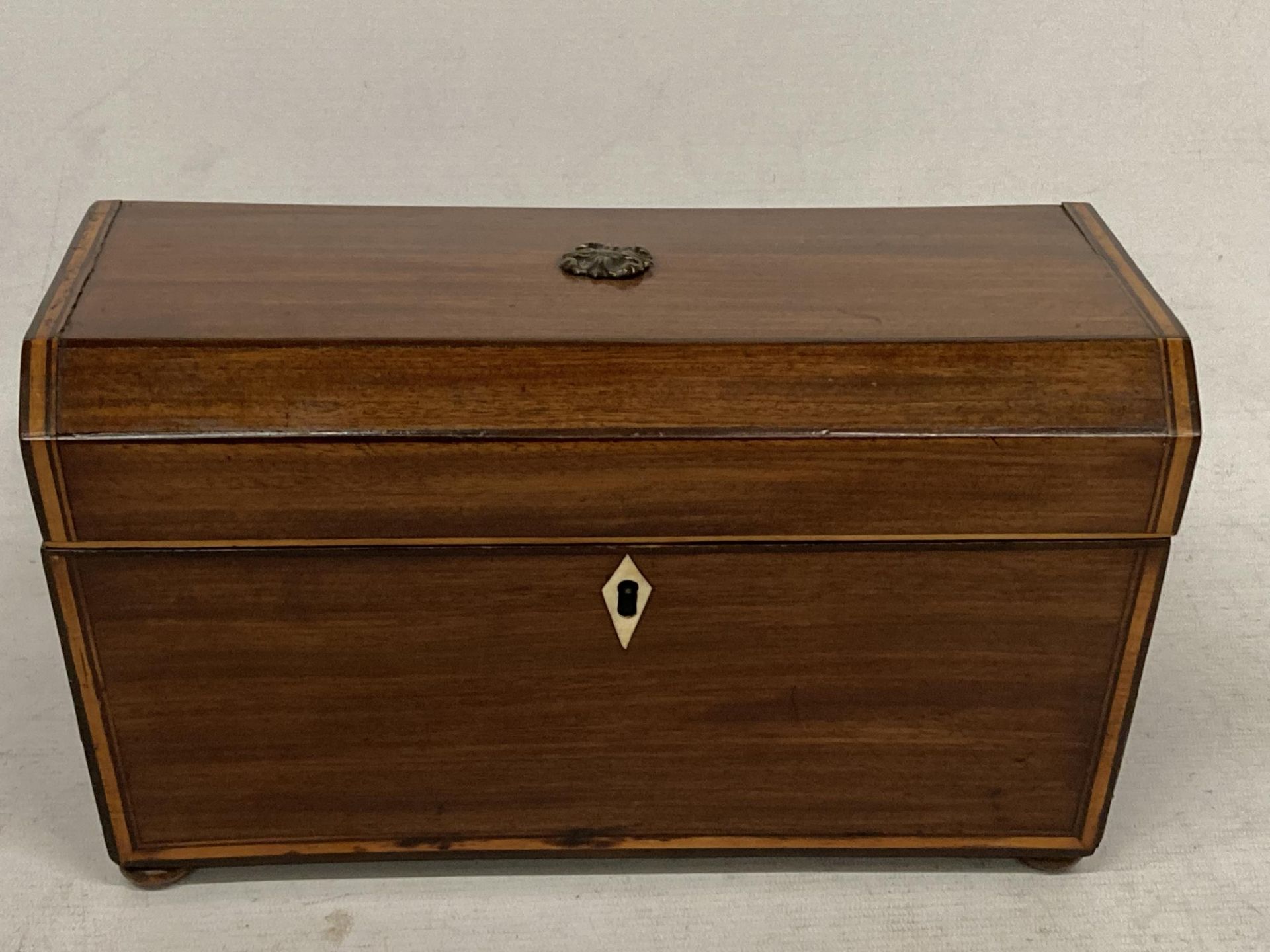 A GEORGIAN MAHOGANY TEA CADDY WITH THREE INNER COMPARTMENTS AND LION HANDLES - Image 2 of 4