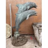 A BRONZE GARDEN WATER FEATURE FIGURE OF A PAIR OF JUMPING DOLPHINS (H:97CM)