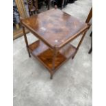 A REPRODUCTION WALNUT AND CROSSBANDED LAMP TABLE WITH TURNED UPRIGHTS AND SINGLE DRAWER