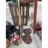 AN ASSORTMENT OF ITEMS TO INCLUDE TWO LARGE FIRE HOSES, SNOOKER CUES AND A CHRISTMAS DECORATION ETC