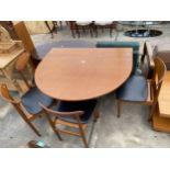 A RETRO TEAK GATELEG DINING TABLE, 60 X 42" OPENED AND FOUR DINING CHAIRS WITH BLACK FAUX LEATHER