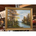 A FRAMED OIL ON CANVAS OF A RIVER SCENE, SIGNE MINTELA?, 58CM X 48CM